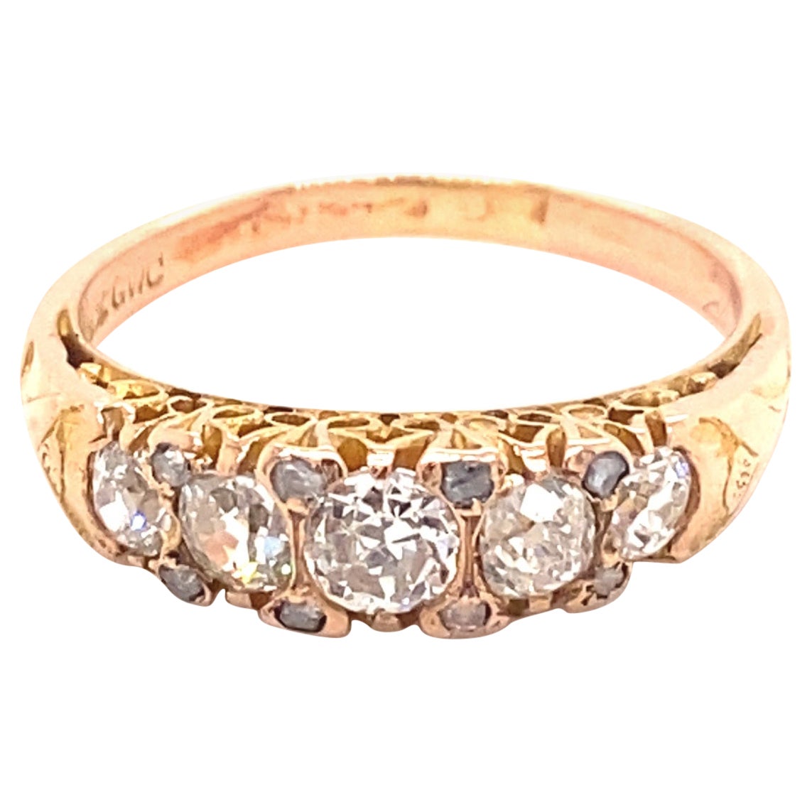 Antique Five Old Mine Cut Diamond 18K Yellow Gold Ring For Sale