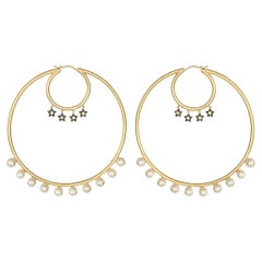 Ammanii Hoop Earrings with Star Charms and Freshwater Pearls in Vermeil Gold
