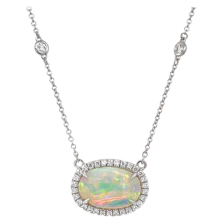 Fine White Opal and Diamond Halo Necklace in 18K White Gold at 1stDibs