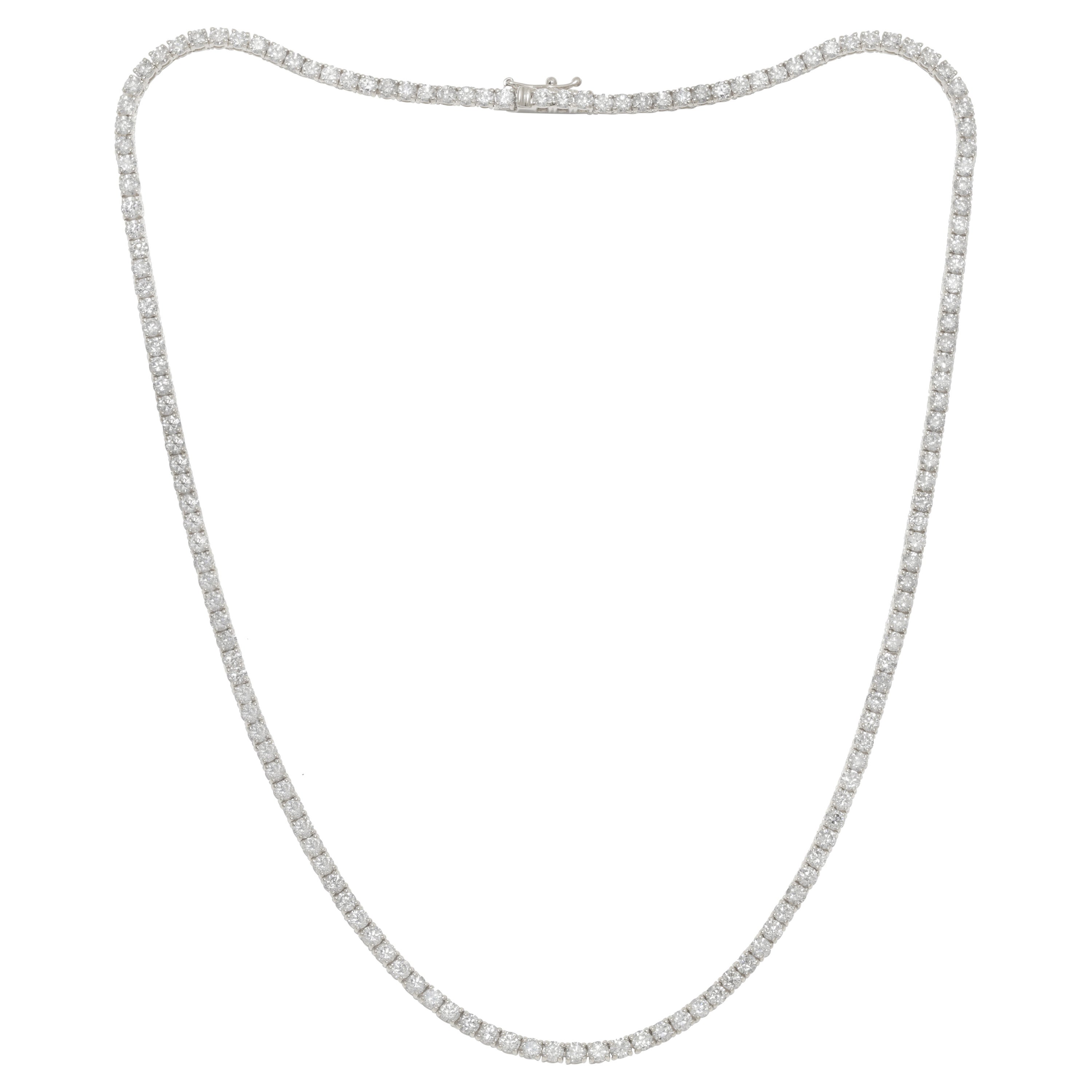 14K White Gold Diamond Straight Line Tennis Necklace, 12.90 Carats 