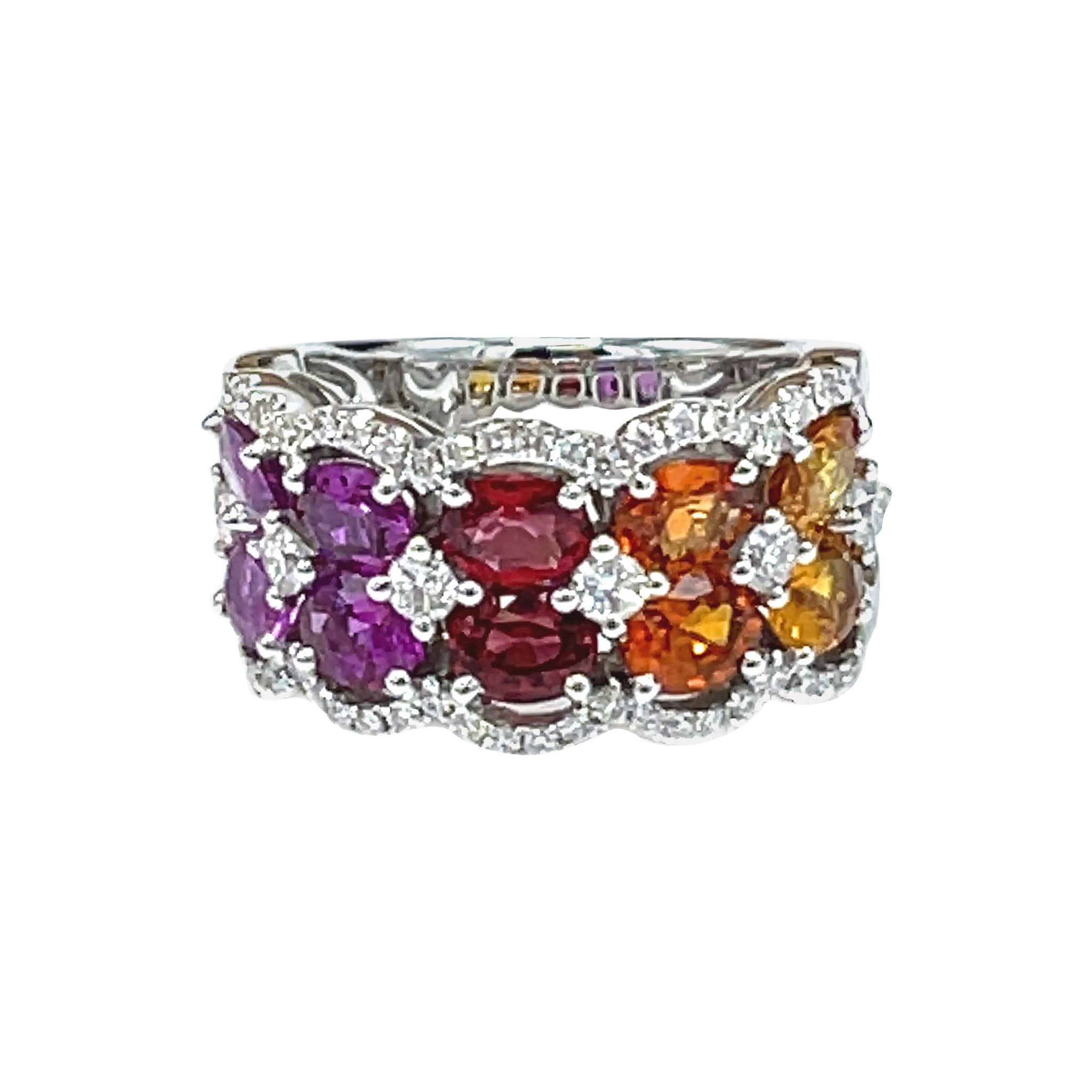 Multi Color Sapphire and Diamond Wide Band Ring