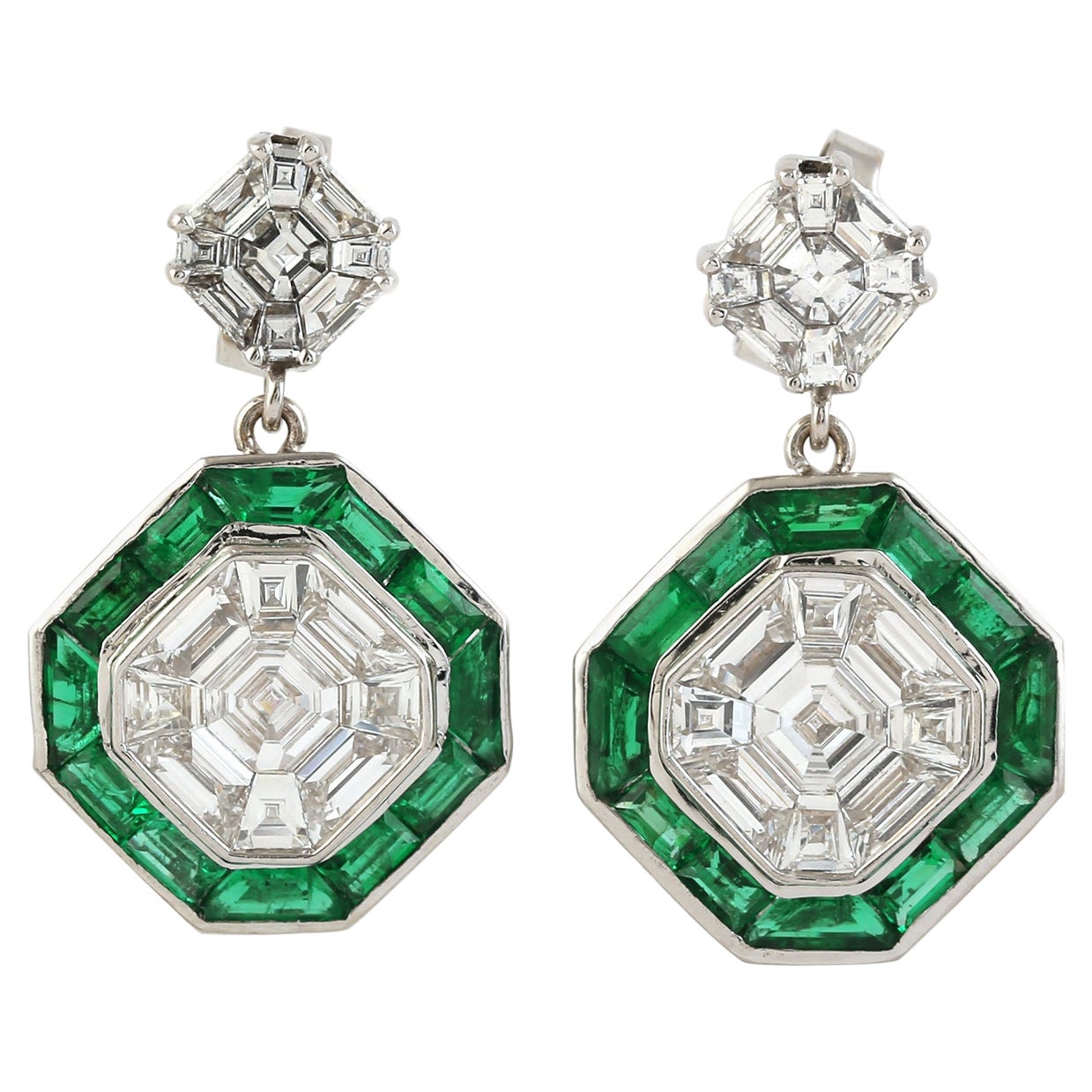 Art Deco Style Diamond and Emerald Drop Earring in 18K White Gold