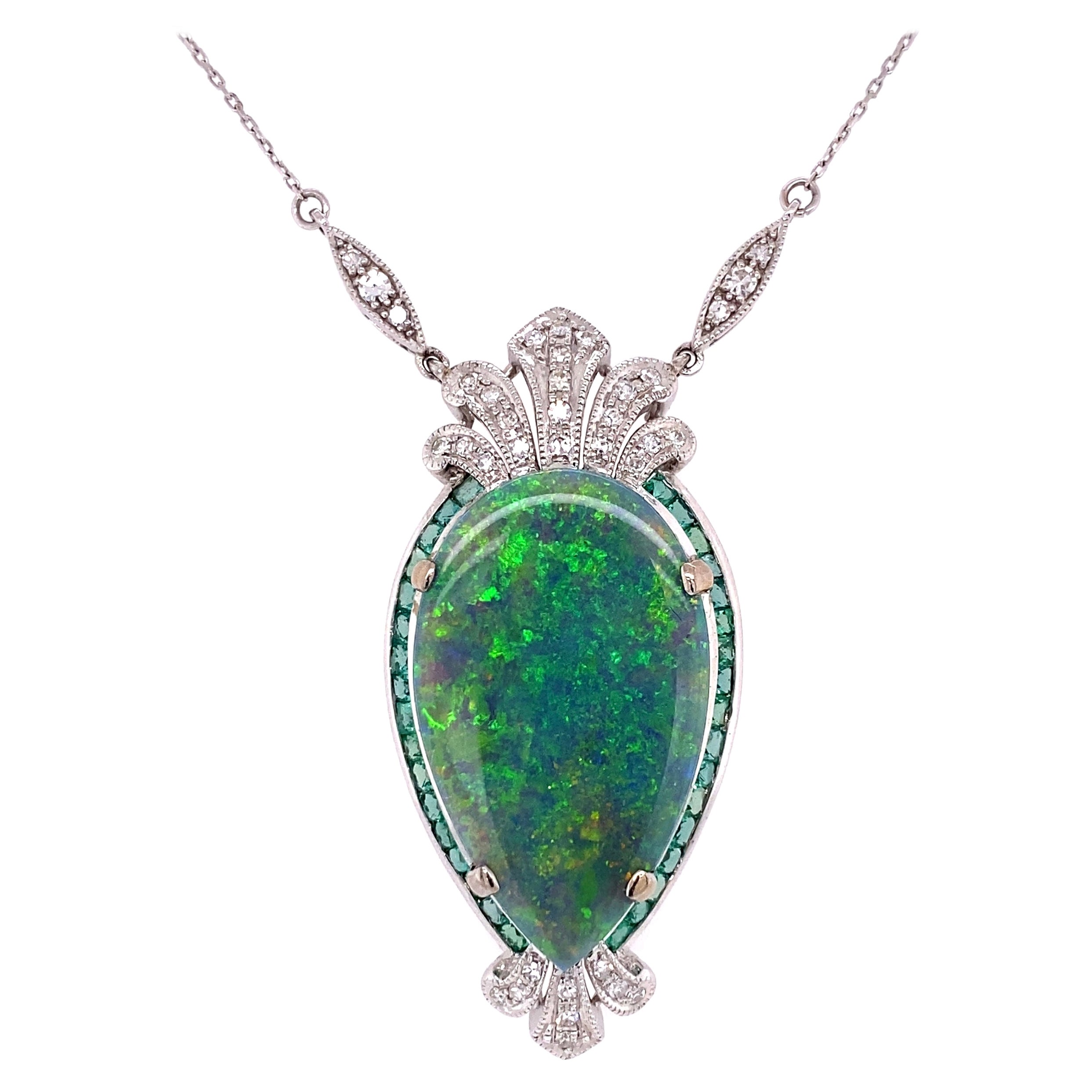 16.15 Carat Australian Opal, Diamond and Emerald Necklace Estate Fine Jewelry
