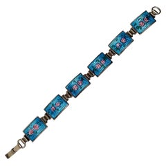 Bracelet à maillons en argent sterling et panneau de fleurs en émail