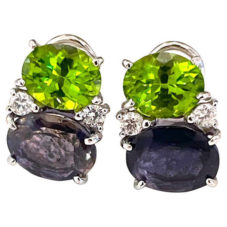 Medium Gum Drop Earrings with Peridot, Iolite and Diamonds For Sale
