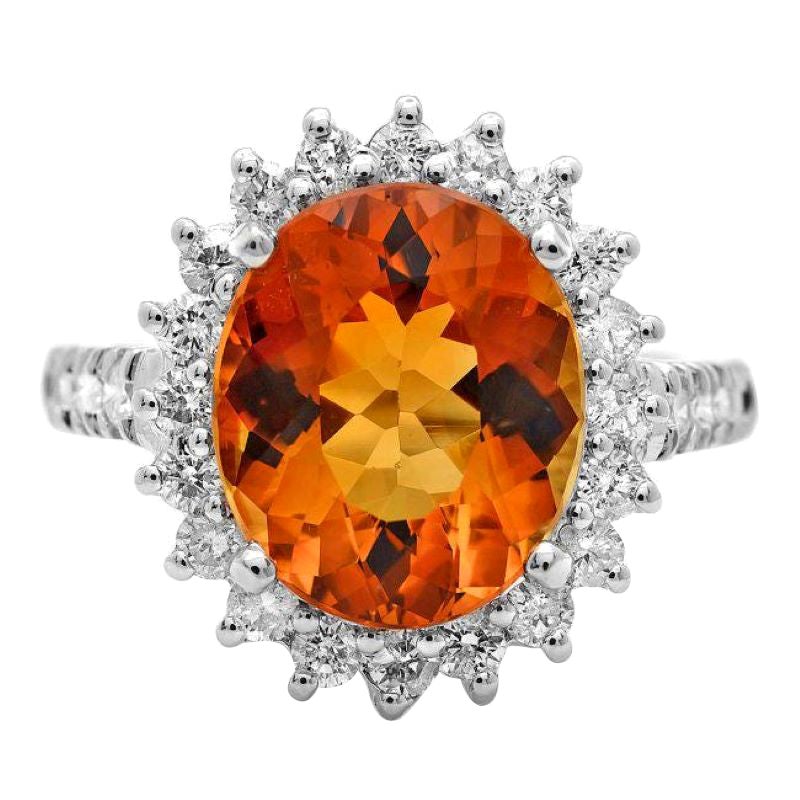 6.90 Carats Natural Citrine and Diamond 14K Solid White Gold Ring For Sale