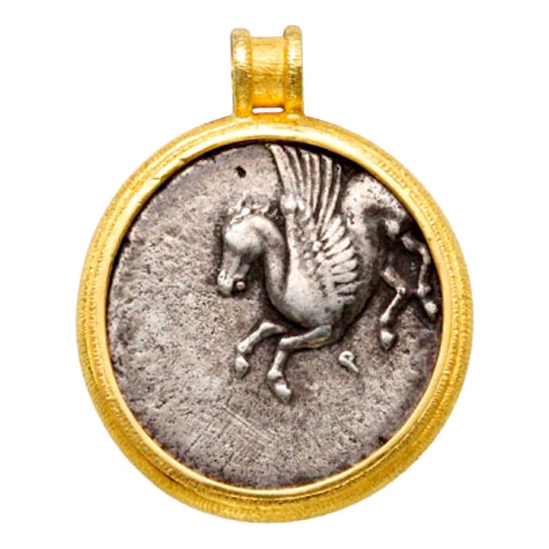 Ancient Greek Corinth 4th Century BC Athena Pegasus Coin 18K Gold Pendant