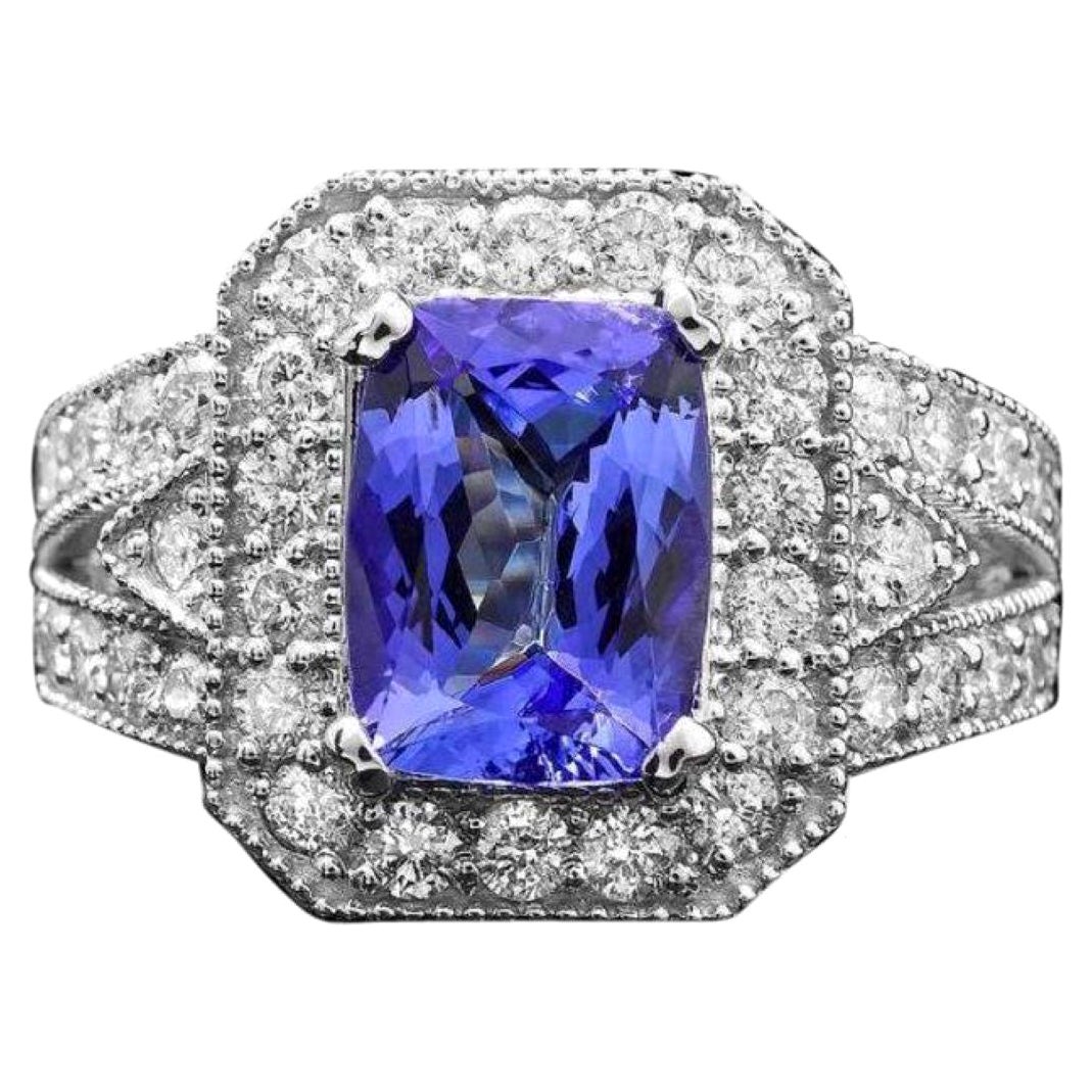 Bague en or blanc massif 14 carats avec tanzanite naturelle de 4,30 carats et diamants