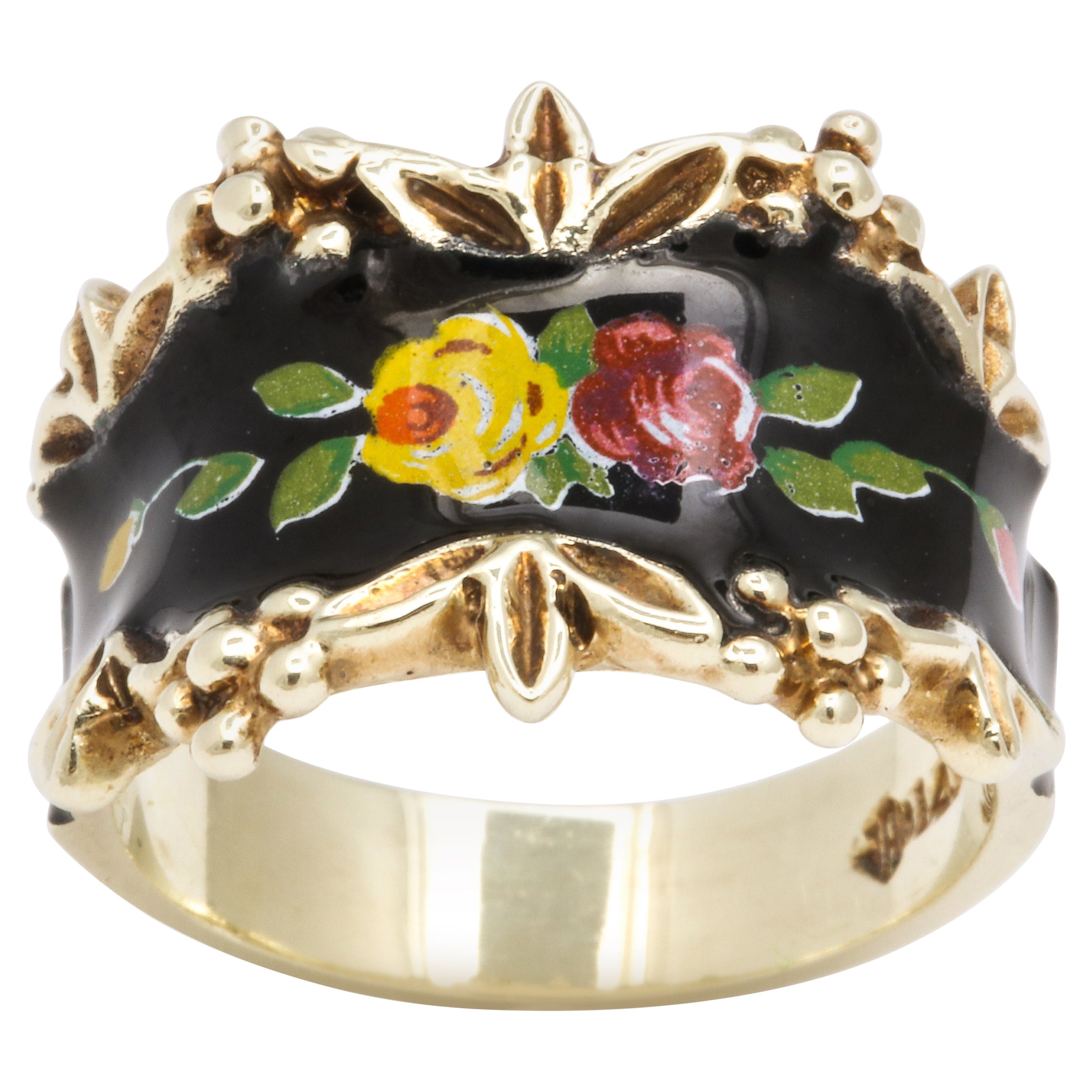 Mid Century Vintage Gold and Enamel Floral Spray Ring For Sale