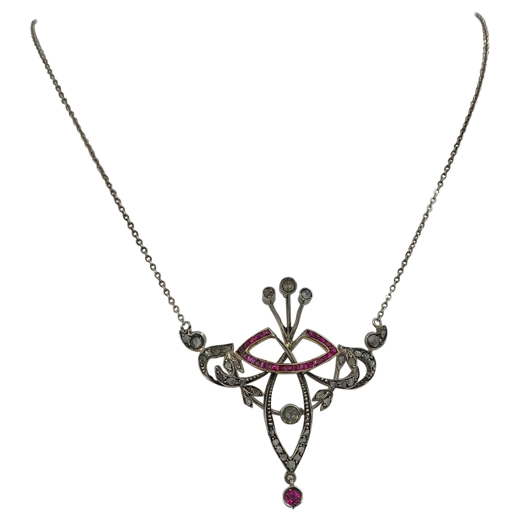 Art Nouveau Rose Cut Diamond Ruby Necklace Belle Époque Pendant