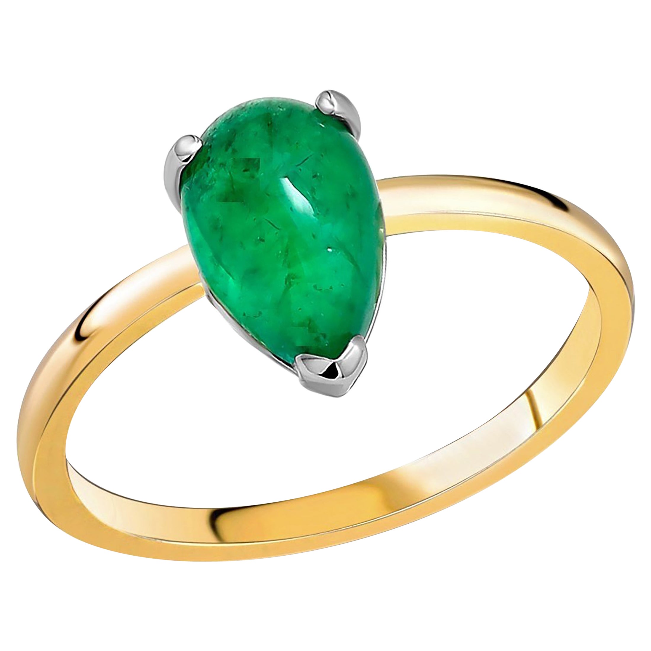 Pear Shaped Cabochon Emerald Solitaire Yellow Gold Cocktail Ring