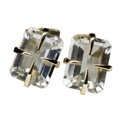 Rock Crystal Gold Stud Earrings Octagon Cut Natural Gems Quartz Gothic Style Art