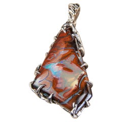 Boulder Opal Silver Pendant Terracotta Red Pattern Natural Australian Gem Unisex