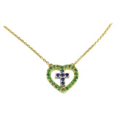 14k Gold Genuine Emerald and Blue Sapphire Necklace Cross in Heart Charm