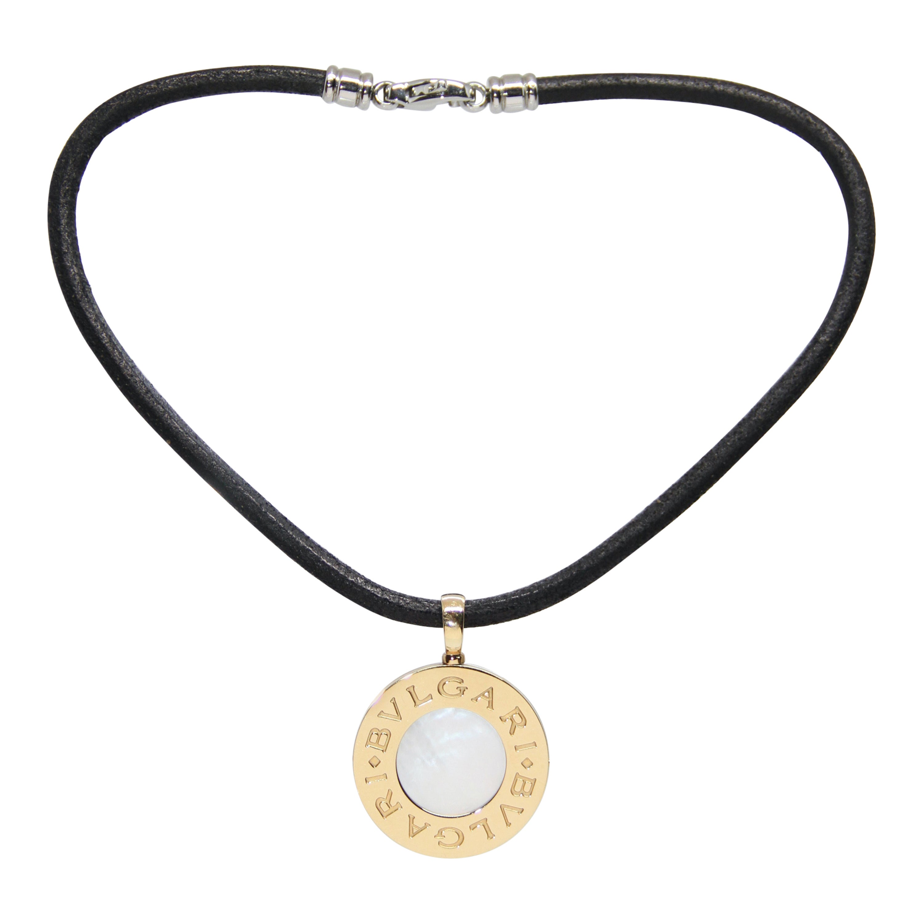 Bulgari "Bvlgari" 18K Yellow Gold Steel Onyx Mother-of-Pearl Pendant Necklace