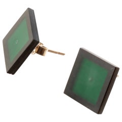 Black Green Agate 9 Karat Gold Stud Square Geometric Modern Chic Earrings