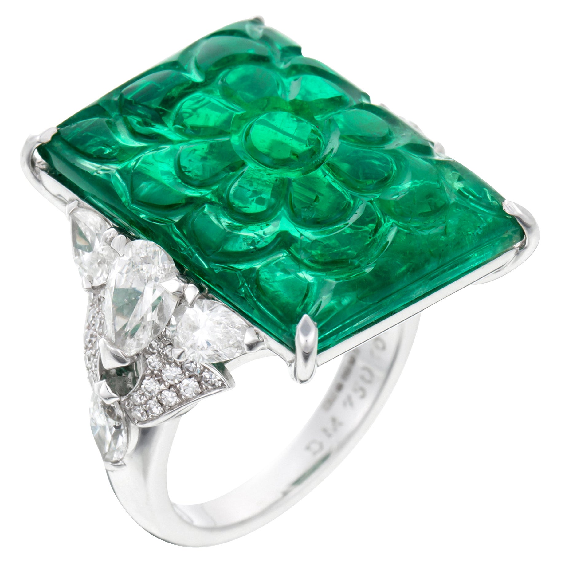 David Morris GRS Certified 15.30ct Carved Emerald & Diamond Cocktail Ring