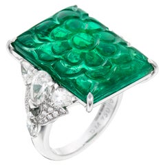 Antique David Morris GRS Certified 15.30ct Carved Emerald & Diamond Cocktail Ring