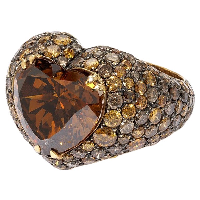 GIA Certified 7.08 Carat Brown Heart Shaped Diamond Cocktail Ring For Sale
