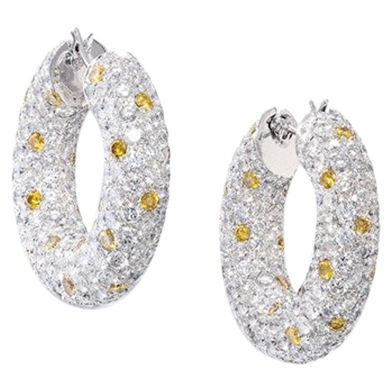David Morris Pave Diamond & Yellow Sapphire Set Hoop Earrings For Sale