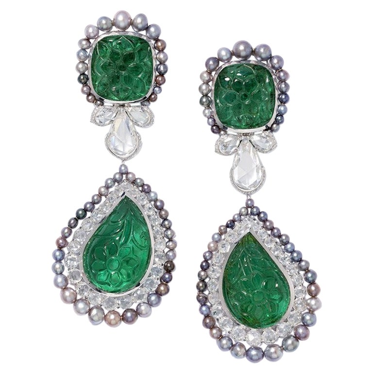 David Morris Carved Emerald, Diamond & Black Pearl SSEF Certified Drop Earrings For Sale