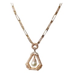 Vintage Large Pearl and Diamonds Pendant Necklace on 18 Karat Gold