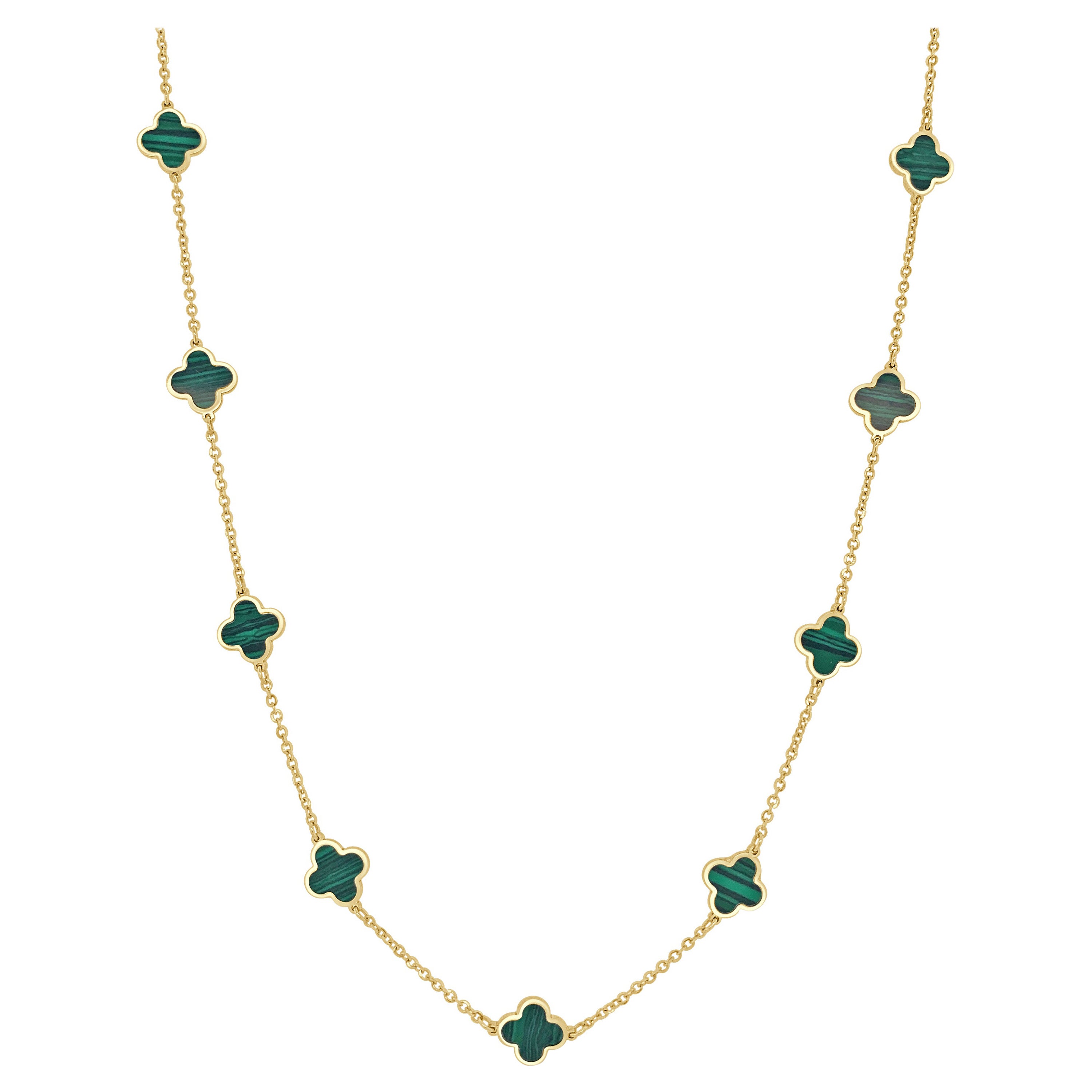 14k Yellow Gold & Malachite Inlay Station Clover Necklace For Sale