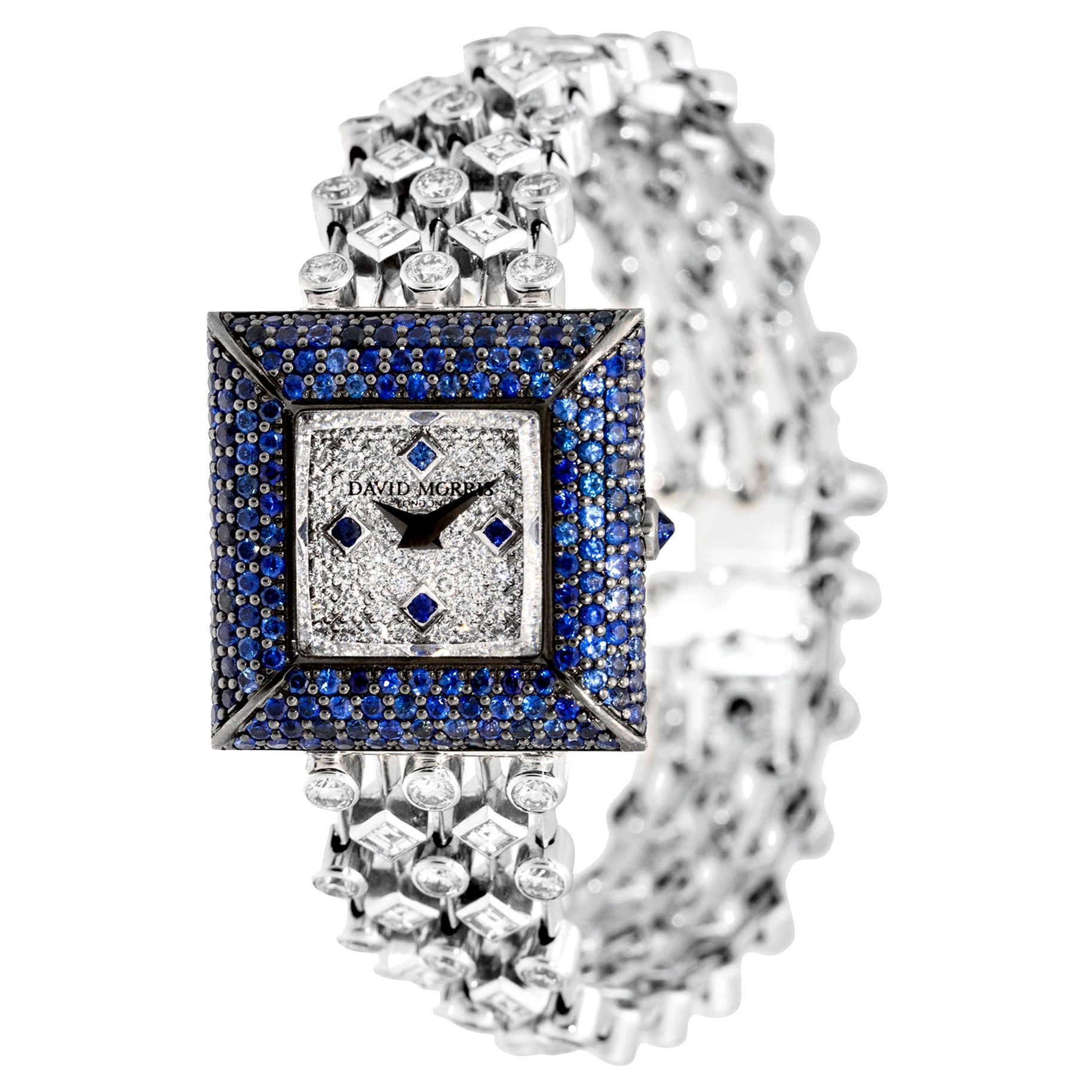 Schmuckarmbanduhr von David Morris mit blauem Saphir und weißen Diamanten im Angebot