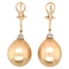 Pair of 14 Karat Yellow Gold, Diamond and Golden South Sea Pearl Earrings