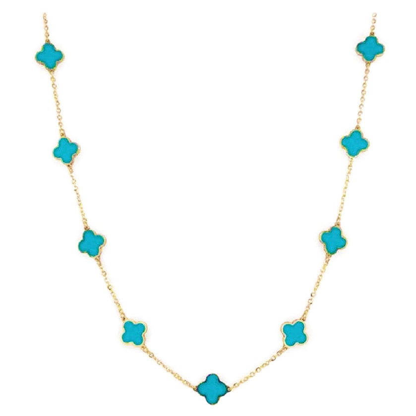 14k Yellow Gold & Turquoise Inlay Station Clover Necklace