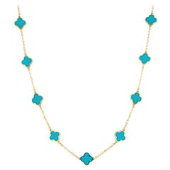 Collier trèfle de station incrusté de turquoise et or jaune 14 carats