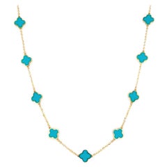 Collier trèfle station en or jaune 14 carats avec incrustation de turquoise