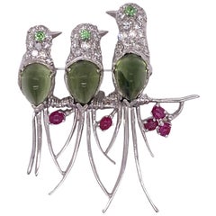 Diamond Ruby Green Tourmaline Three Bird 14 Karat White Gold Estate Brooch Pin