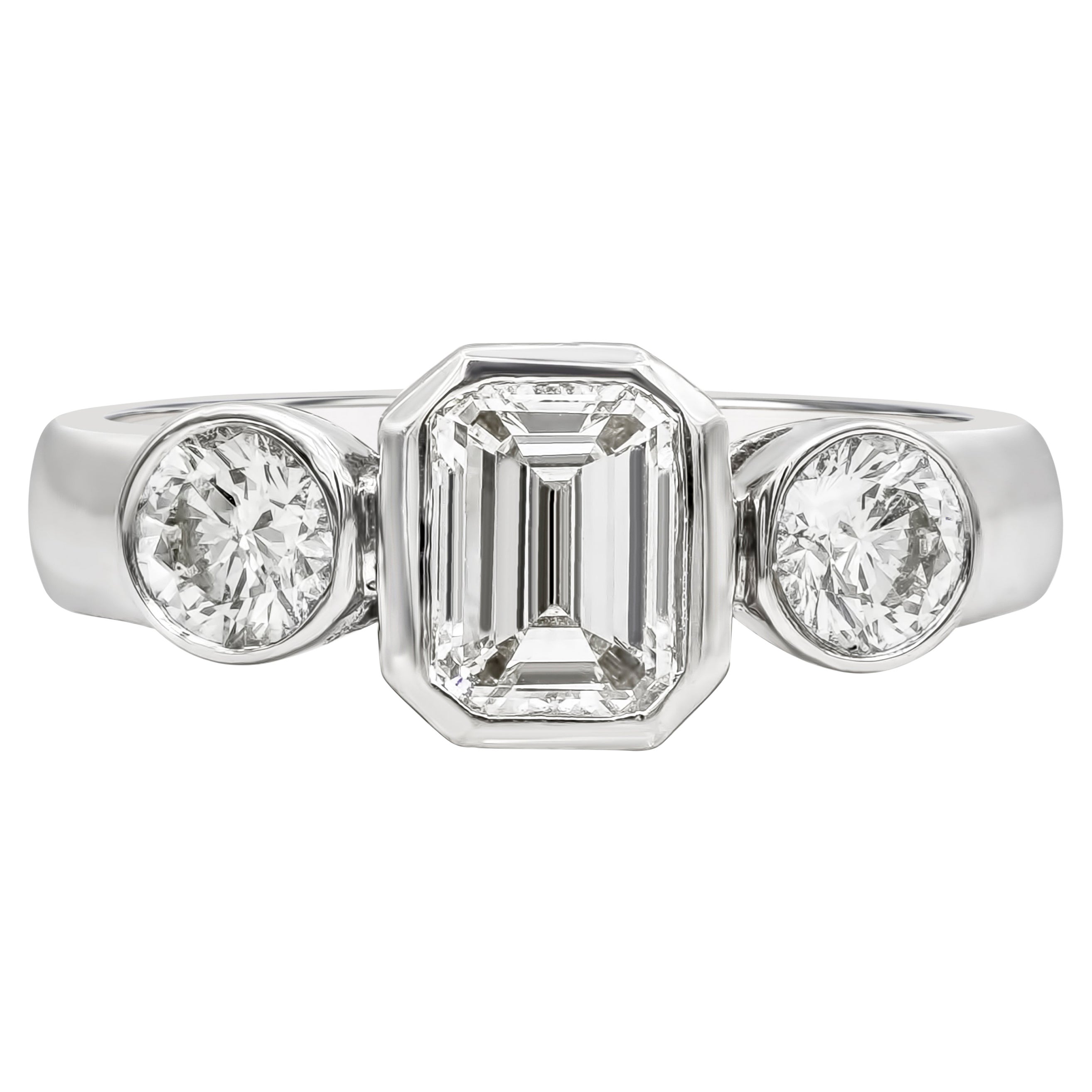 Roman Malakov, Bezel Set Emerald Cut Diamond Three-Stone Engagement Ring