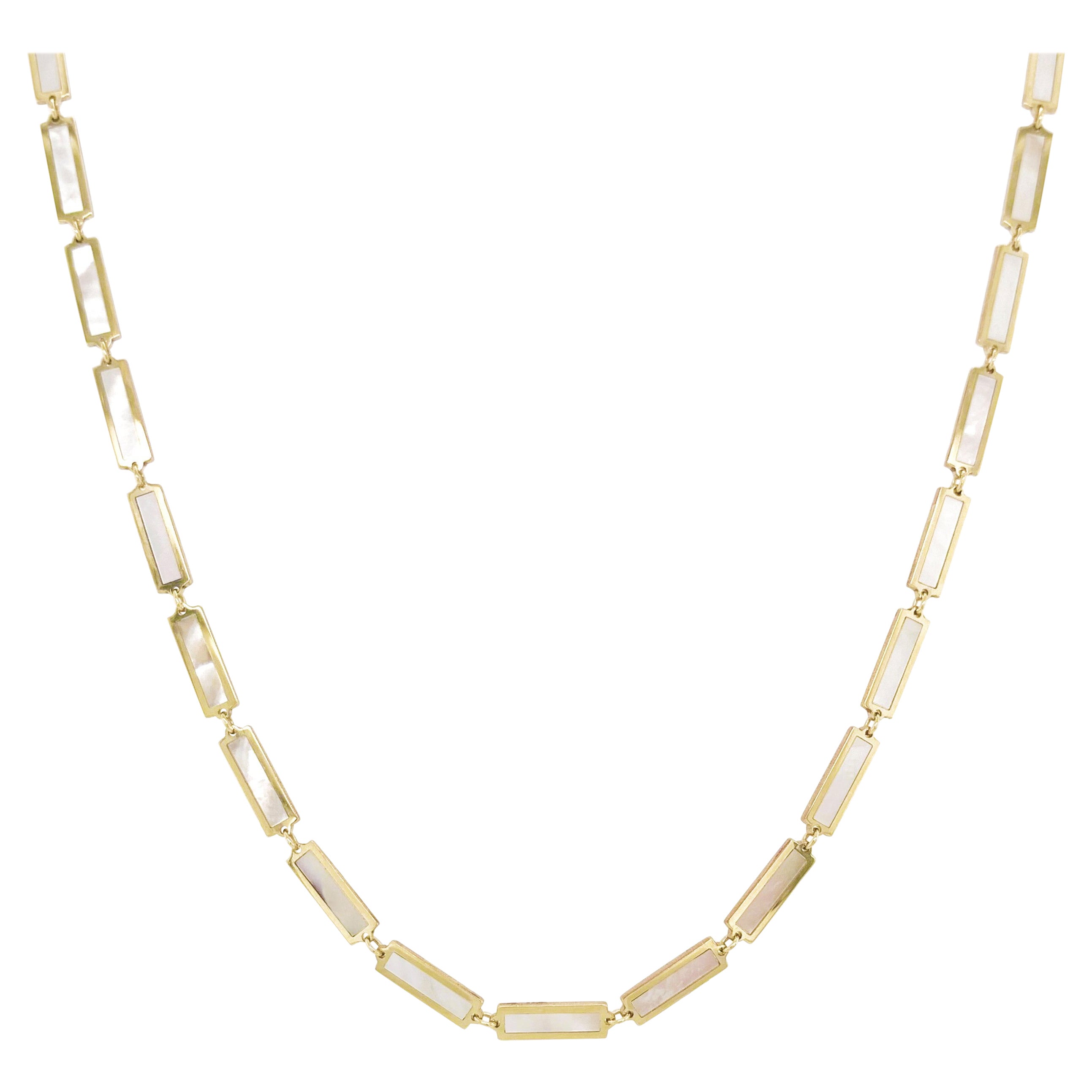 14k Yellow Gold & Mother of Pearl Station Bar Necklace For Sale