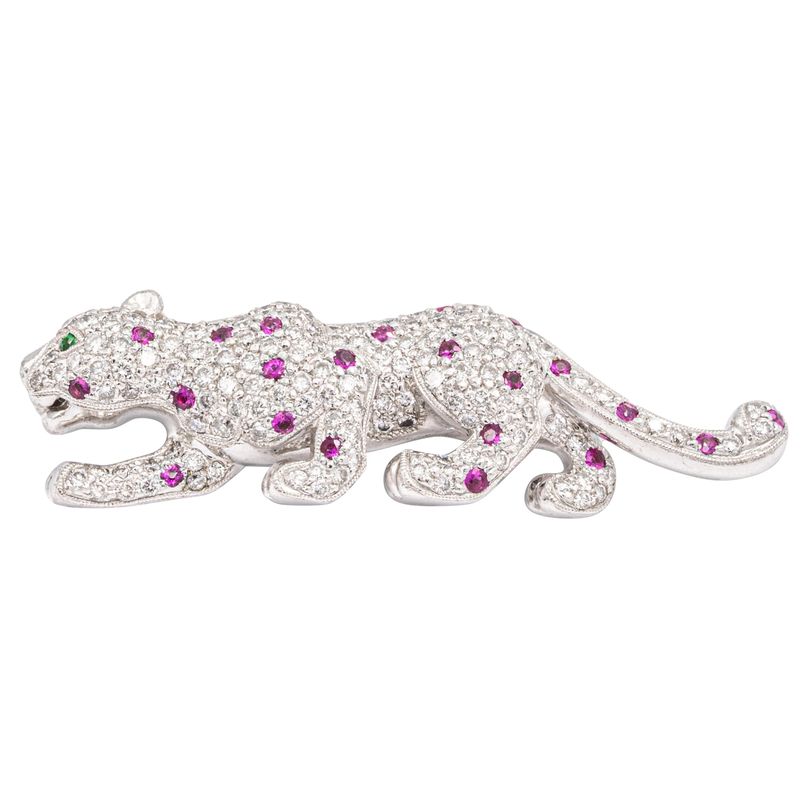 18K White Gold Vintage Panther Brooch with Pave Diamond and Pink Sapphires For Sale