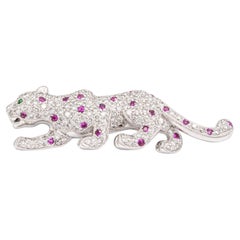 18K White Gold Vintage Panther Brooch with Pave Diamond and Pink Sapphires