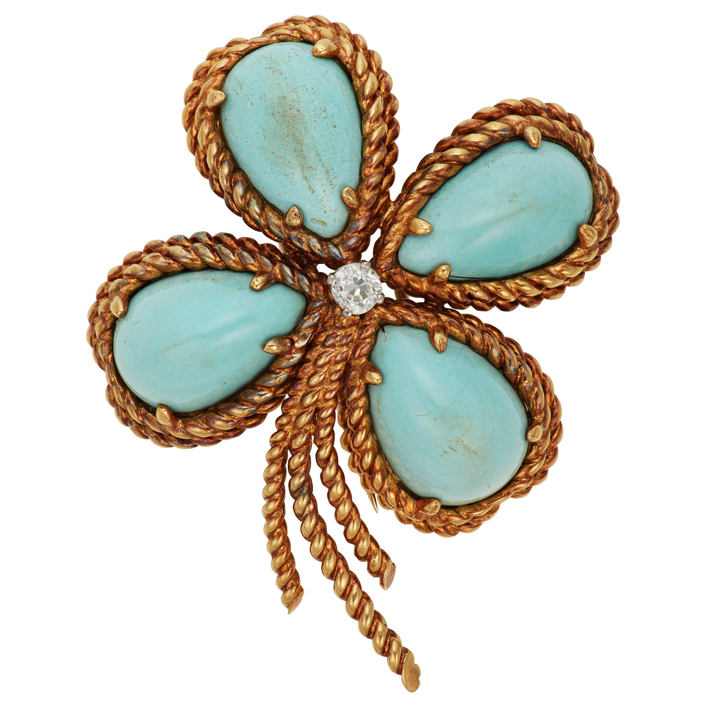 Fantastic Van Cleef and Arpels VCA Turquoise and Diamond Clover Brooch