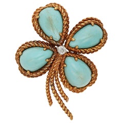 Vintage Fantastic Van Cleef and Arpels VCA Turquoise and Diamond Clover Brooch