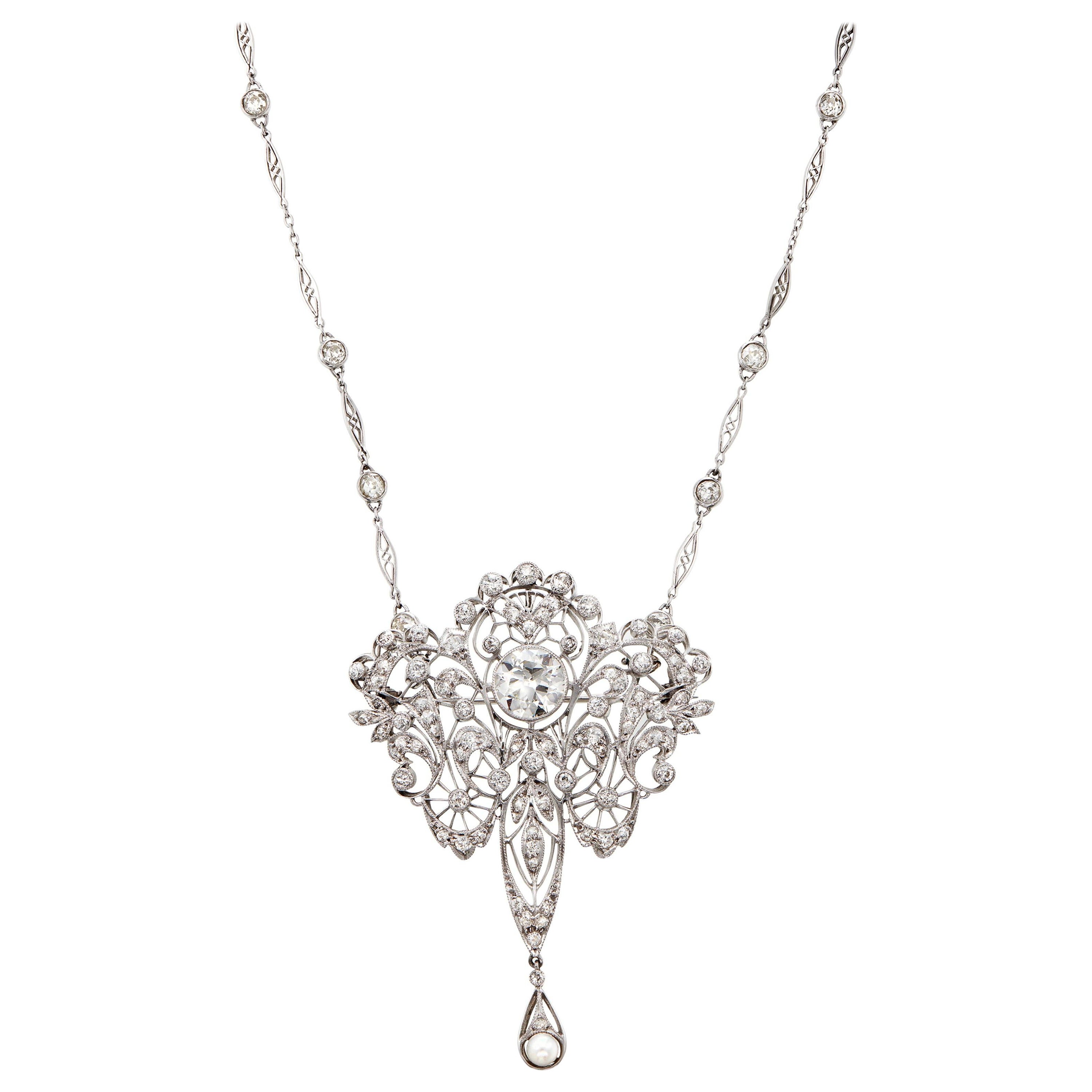 Incroyable collier et broche pendentif en diamants de la Belle Époque