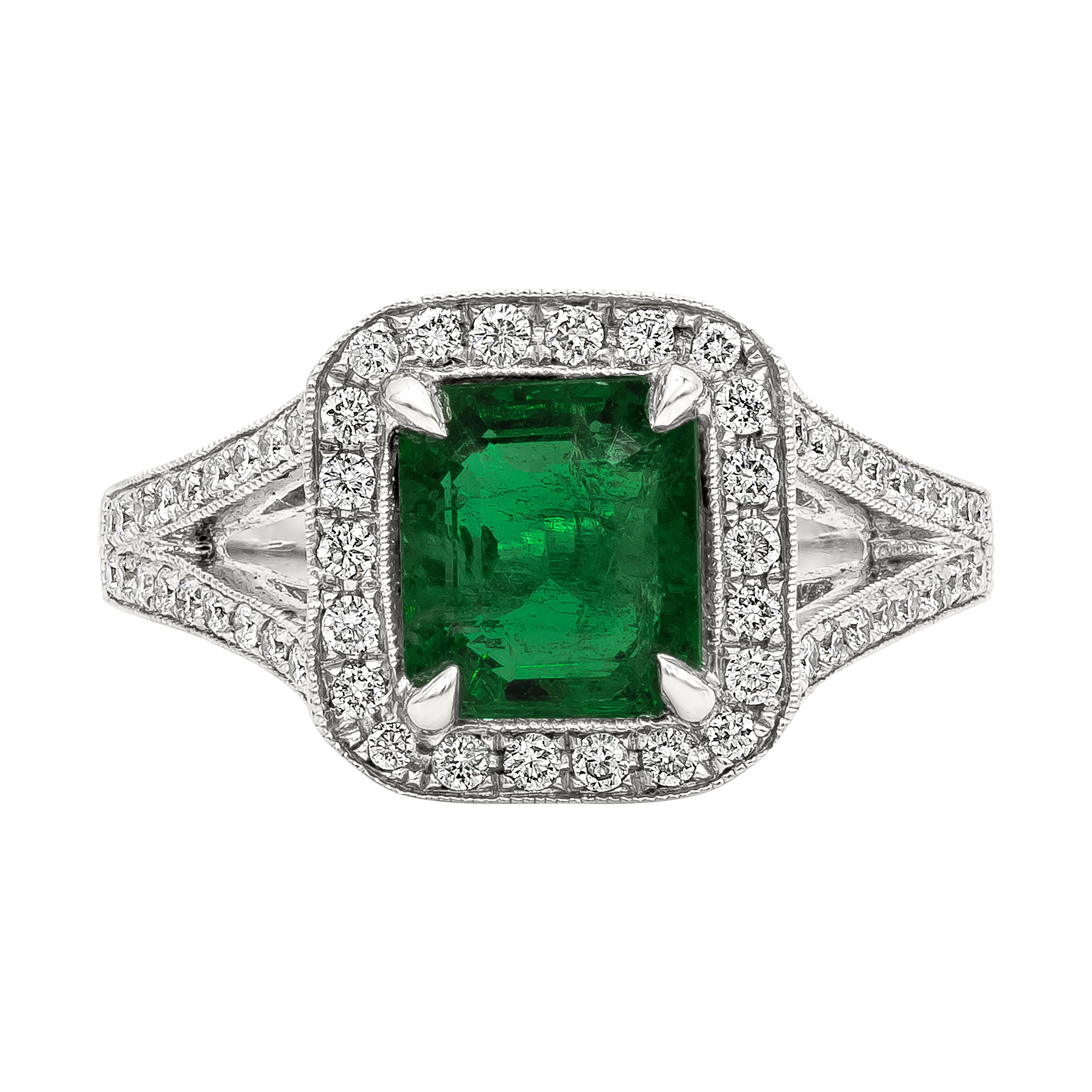 Roman Malakov 1.68 Carats Emerald Cut Emerald with Diamond Halo Engagement Ring For Sale