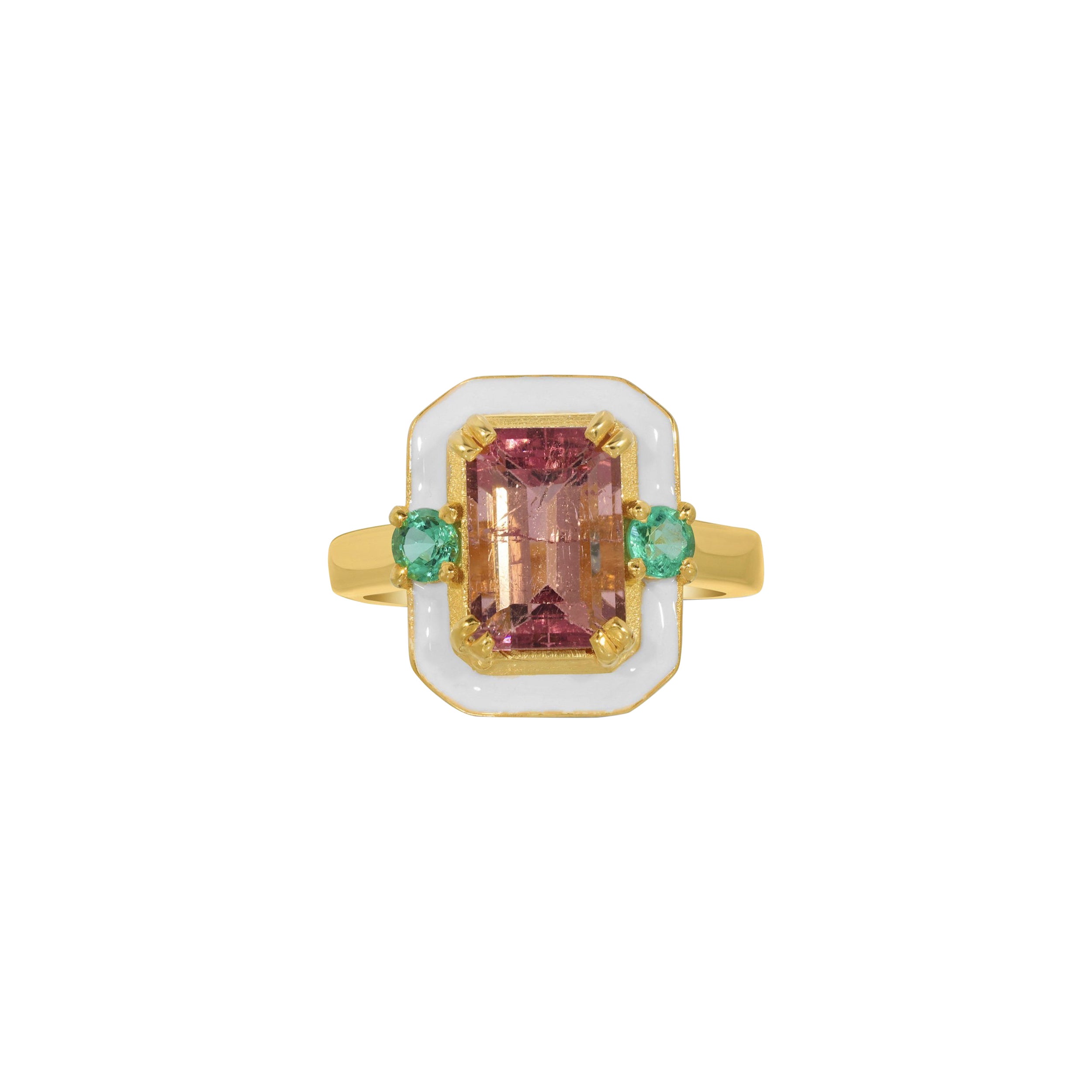 Pink Tourmaline & Emerald Enamel Ring For Sale