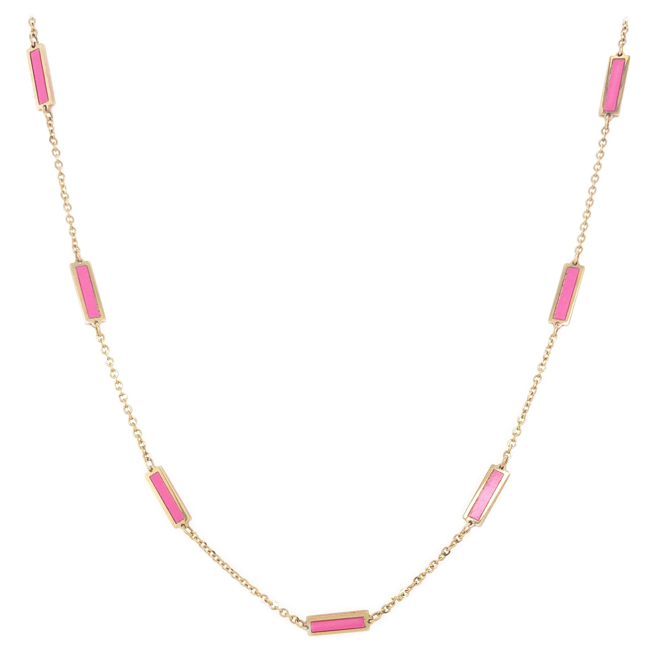 14k Yellow Gold & Pink Agate Inlay Station Bar Necklace For Sale