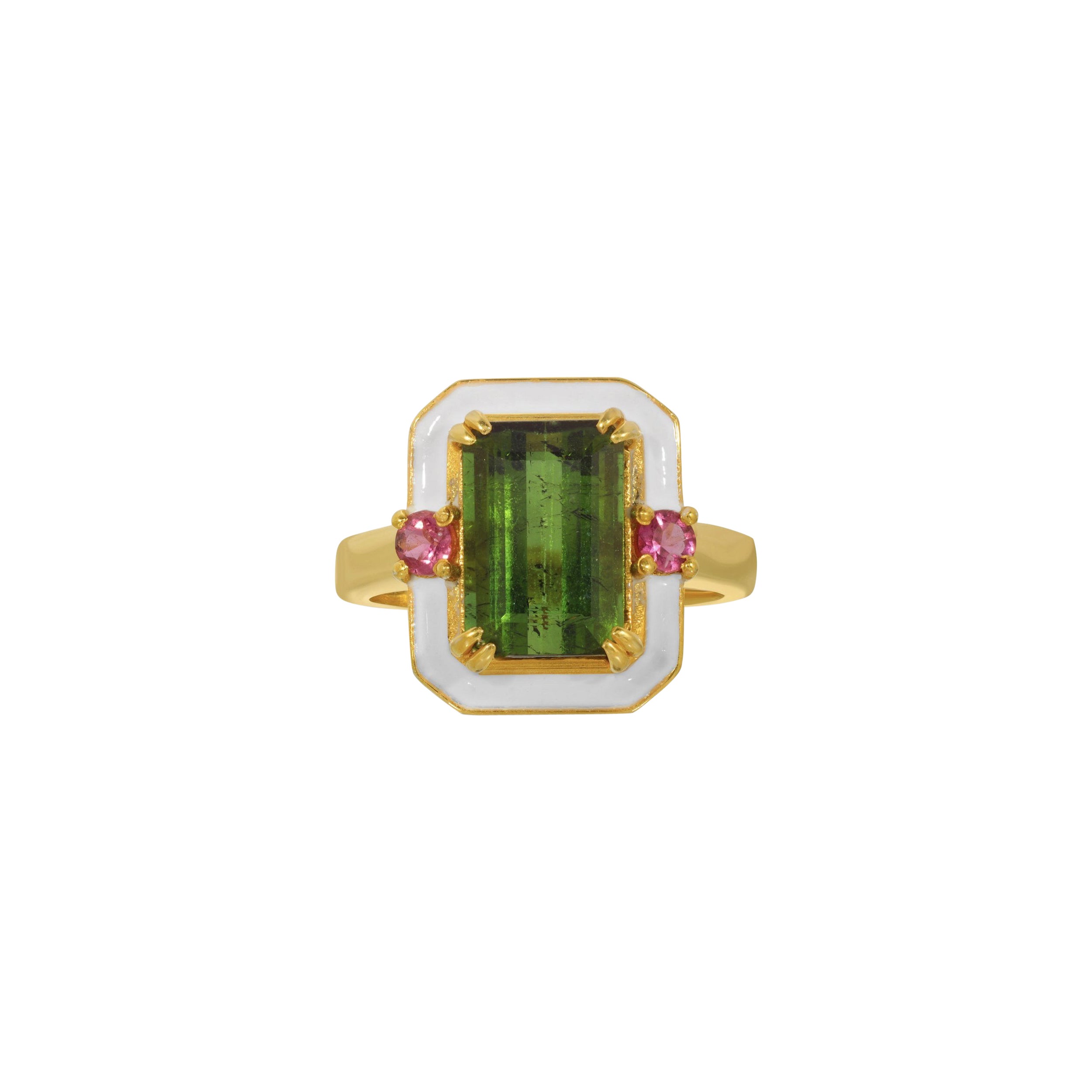Green & Pink Tourmaline Enamel Ring For Sale