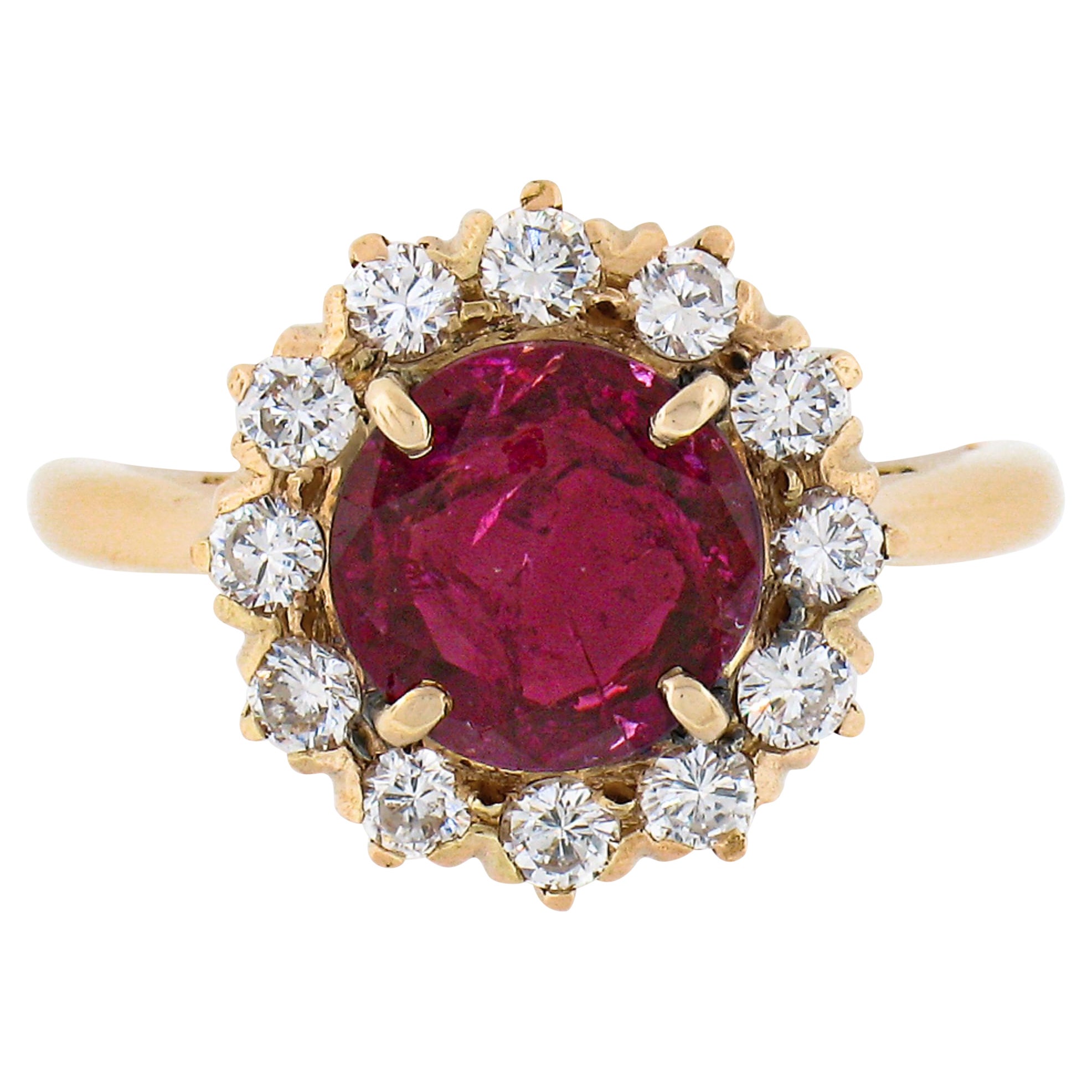 Vintage 18k Gold GIA No Heat 1.50ct Round Burma Ruby & Diamond Halo Cluster Ring