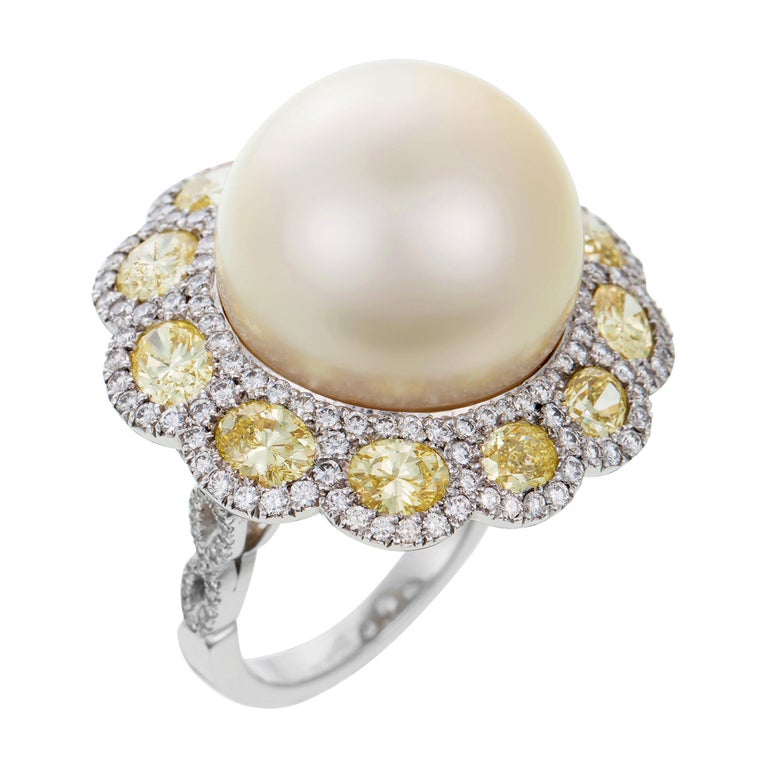 South Sea Pearl and Yellow & White Diamond Cocktail Ring