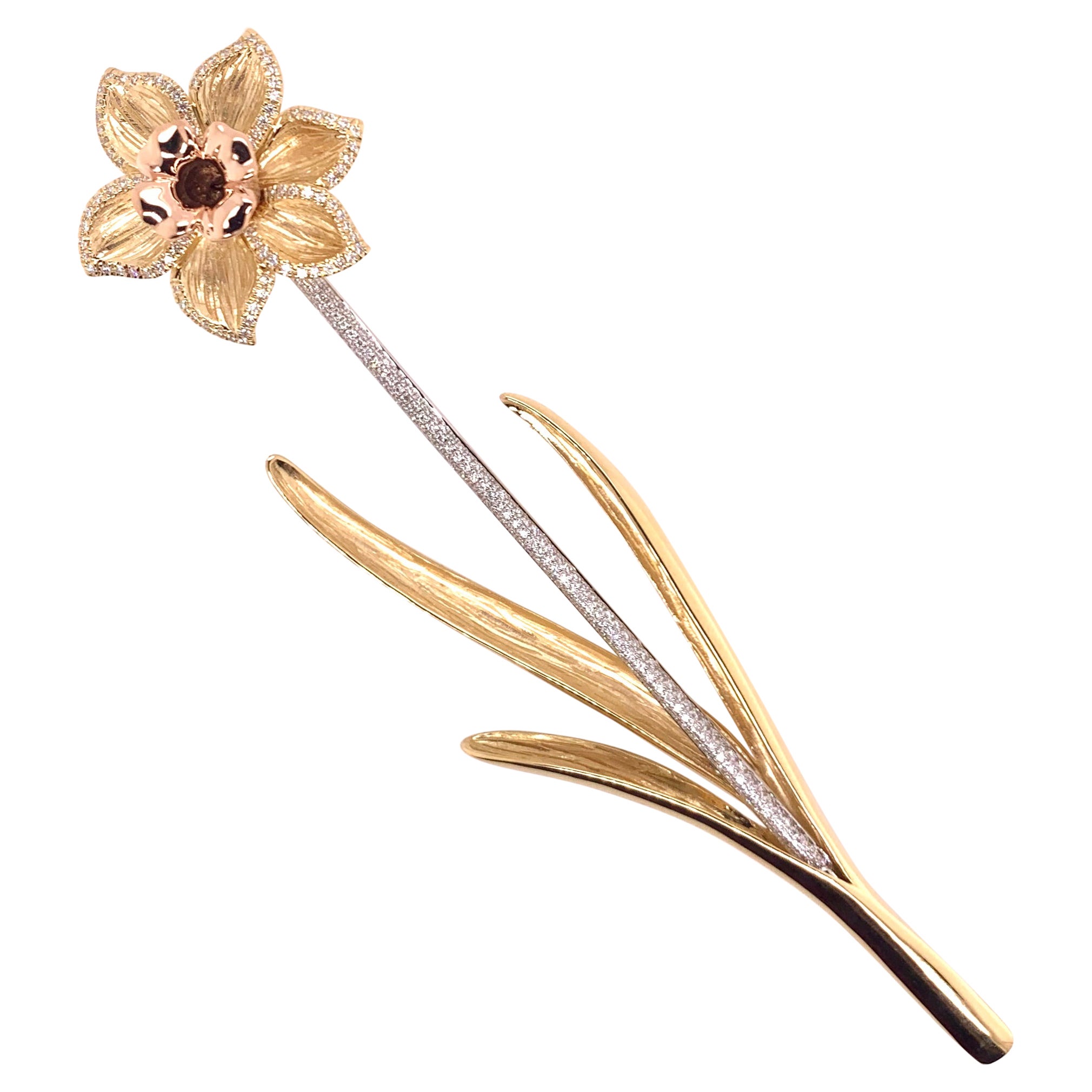 Custom 18k Yellow White Rose Gold Daffodil Brooch Large For Sale