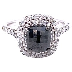 Bague de fiançailles en or blanc 14 carats avec double halo de diamants blancs et noirs de 2,49 carats