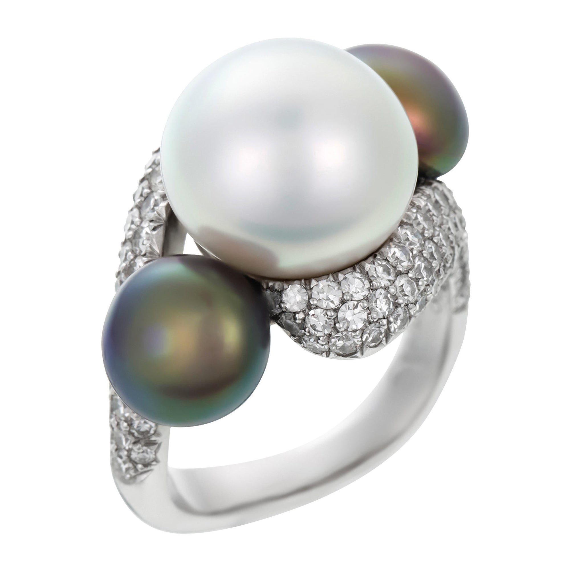 David Morris Platinum Black & White Pearl with Diamond Setting Cocktail Ring