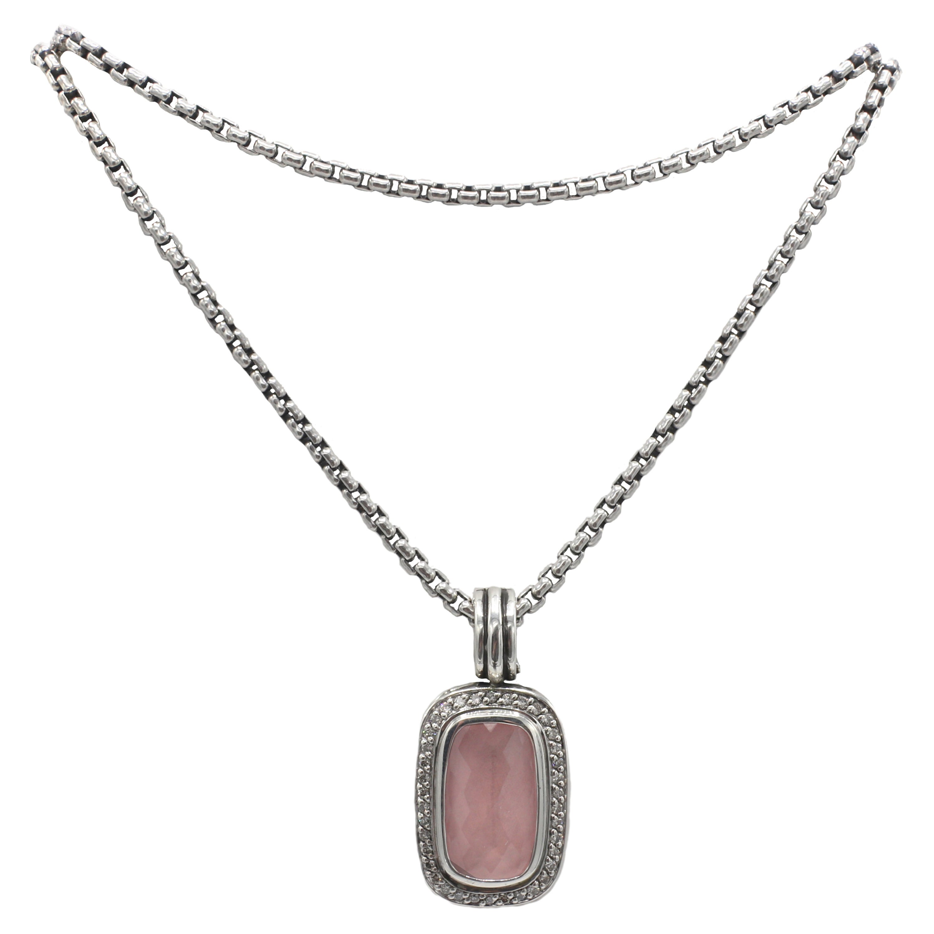 David Yurman Albion Rose Quartz Diamond Pendant Enhancer on Box Chain Necklace